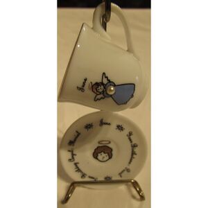 June birthday plate and cup miniature with stand Ganz angel blue saucer and cup